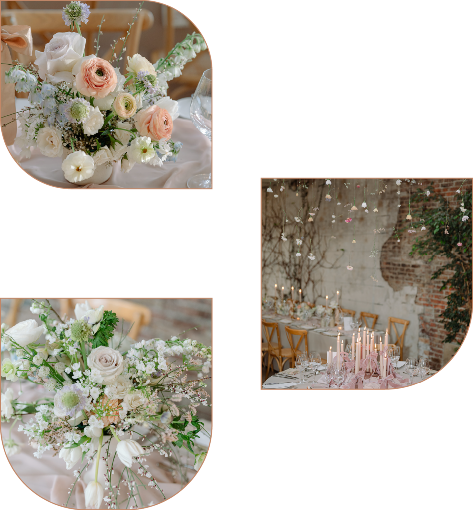 Wedding venues are beautifully styled with blossoming flowers and whimsical details by Winter and the Willows