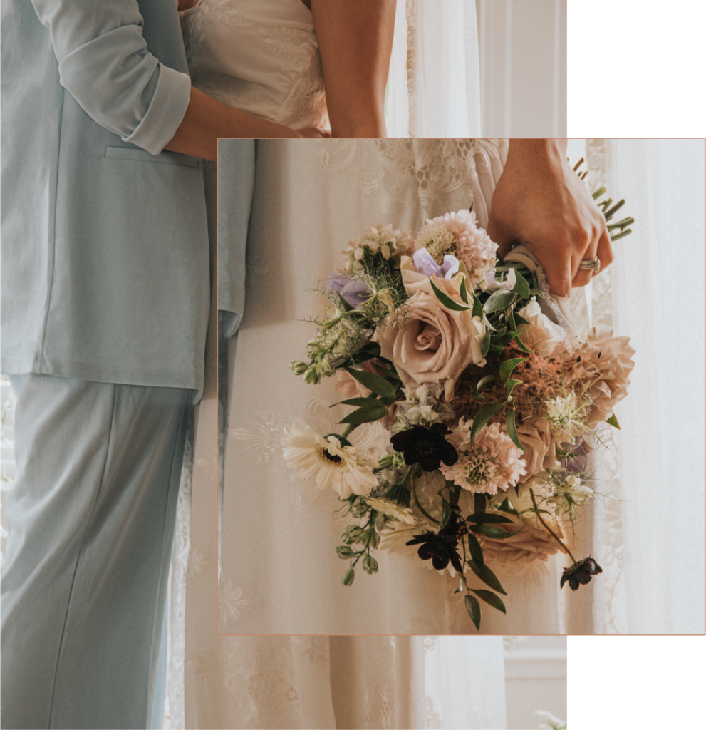 Bride and groom on their wedding day with flower bouquet by wedding and events florist, Winter and the Willows